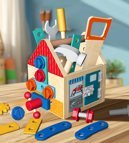 Children's wooden multifunctional toolbox, busy block, screw and nut removal, hand-held tool, blue puzzle toy