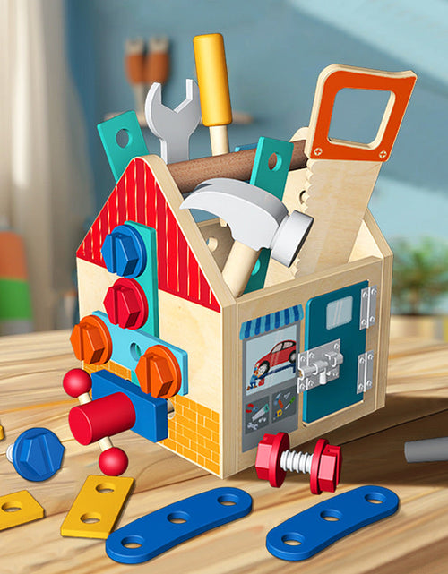 Load image into Gallery viewer, Children's wooden multifunctional toolbox, busy block, screw and nut removal, hand-held tool, blue puzzle toy
