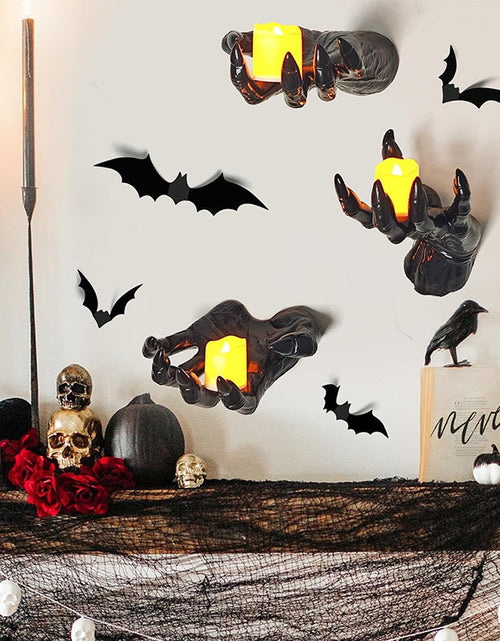 Load image into Gallery viewer, Gothic Halloween Indoor Decor: 12-Pack Bat Sticker Wall Hangings (Spooky Hands &amp; Lit Candles) for Gothic Walls
