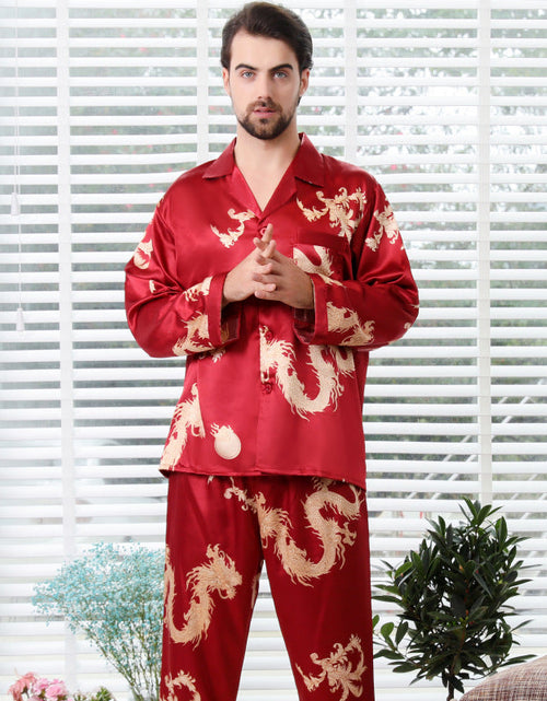 Load image into Gallery viewer, Simulated silk couple sleepwear new long sleeved set men's and women's V-neck silk printed dragon and phoenix home clothes
