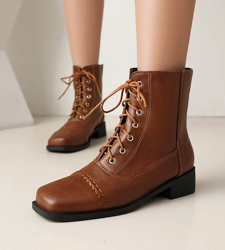 Women’s Lace-Up Square Toe Motorcycle Boots – Comfortable Outdoor Riding Boots