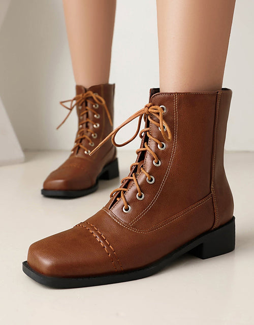 Load image into Gallery viewer, Women’s Lace-Up Square Toe Motorcycle Boots – Comfortable Outdoor Riding Boots
