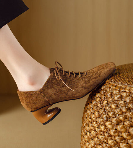 Women's Retro Sheepskin Square Toe Chunky Heel Pumps – Lace-Up Mid Heel