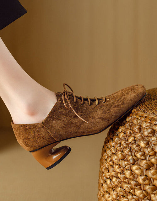 Load image into Gallery viewer, Women's Retro Sheepskin Square Toe Chunky Heel Pumps – Lace-Up Mid Heel

