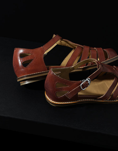 Load image into Gallery viewer, Women's Washed Full Grain Leather Fisherman Sandals – Closed-Toe Woven T-Strap
