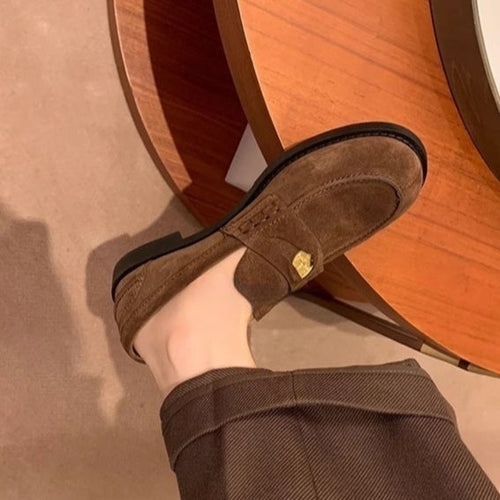 Load image into Gallery viewer, Women's Gold Coin Loafers – British-Style Round Toe Leather Slip-On Flats
