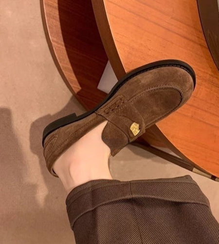 Women's British-Style Gold Coin Loafers | Block Heel Leather Slip-Ons
