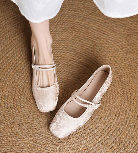 Women's Chinese-Style Satin Square-Toe Slip-On Flats – Beaded Buckle Low-Heel Shoes