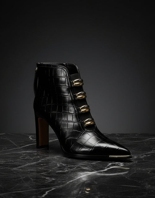 Load image into Gallery viewer, Women's Satin Pointed Toe Chunky Heel Short Boots – Ultra High Heel
