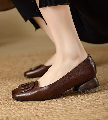 Women's French Vintage Round Toe Slip-On Flats – Low Chunky Heel Mary Jane Style