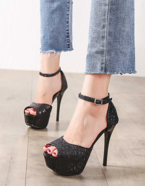 Load image into Gallery viewer, Trendy Metallic Sequin Peep-Toe High Heels Sandals
