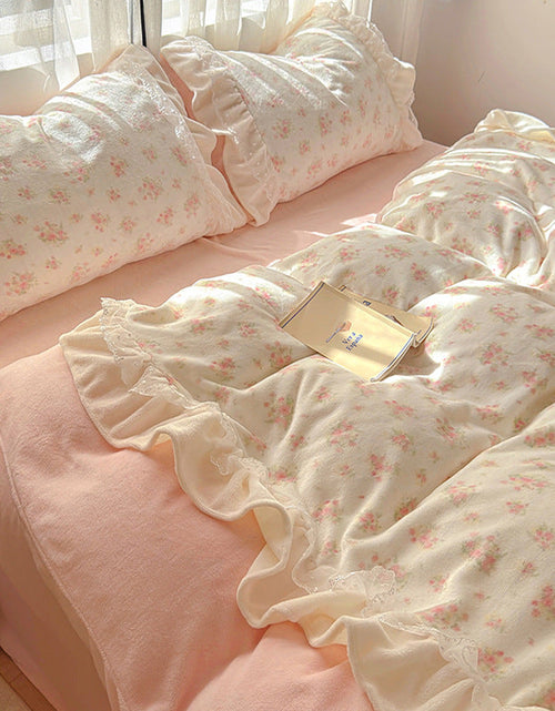 Load image into Gallery viewer, Princess style milk velvet bed four piece set, winter thick double-sided velvet duvet cover with velvet bed sheet bedding
