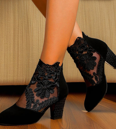 Women’s Lace-Embroidered Mesh Chunky-Heel Ankle Boots