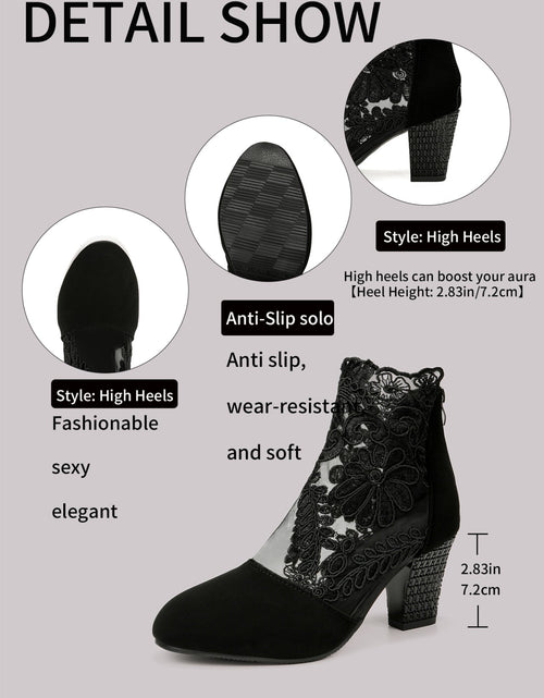 Load image into Gallery viewer, Women’s Lace-Embroidered Mesh Chunky-Heel Ankle Boots
