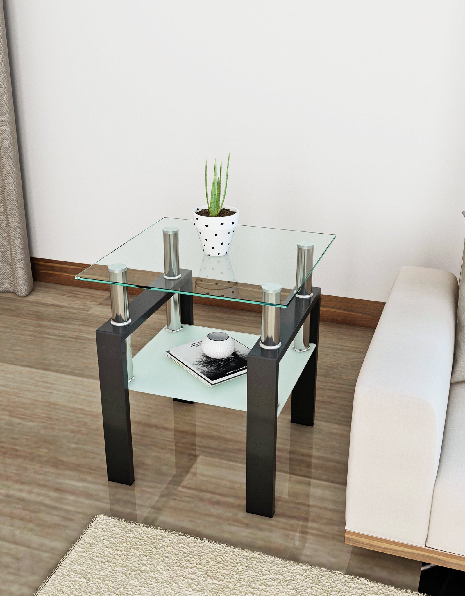 1-Piece Modern Tempered Glass Tea Table Coffee Table End Table, Square Table for Living Room, Transparent/Black