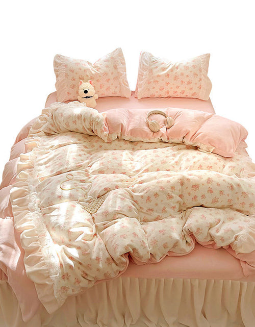 Load image into Gallery viewer, Princess style milk velvet bed four piece set, winter thick double-sided velvet duvet cover with velvet bed sheet bedding

