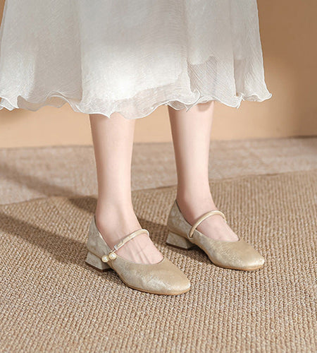 Women's Chinese-Style Square-Toe Mary Jane Flats – Microfiber Chunky-Heel Casual Shoes