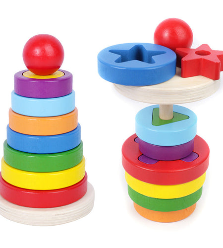 Wooden geometric circular stacking building blocks children's early education puzzle rainbow tower assembly Christmas toy gift