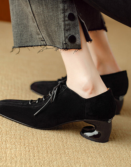Load image into Gallery viewer, Women's Retro Sheepskin Square Toe Chunky Heel Pumps – Lace-Up Mid Heel
