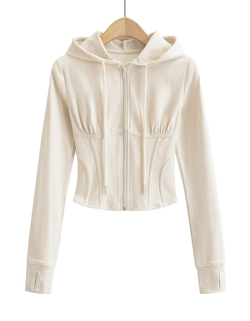 Load image into Gallery viewer, Slim fit drawstring hooded zipper top
