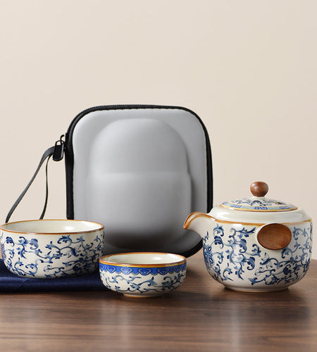 Blue and white beige Ru kiln travel tea set one pot three cups outdoor portable entwined lotus ceramic retro teapot