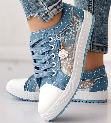 Floral Embroidered Polka Dot Print Sneakers — Women’s Casual Canvas Shoes