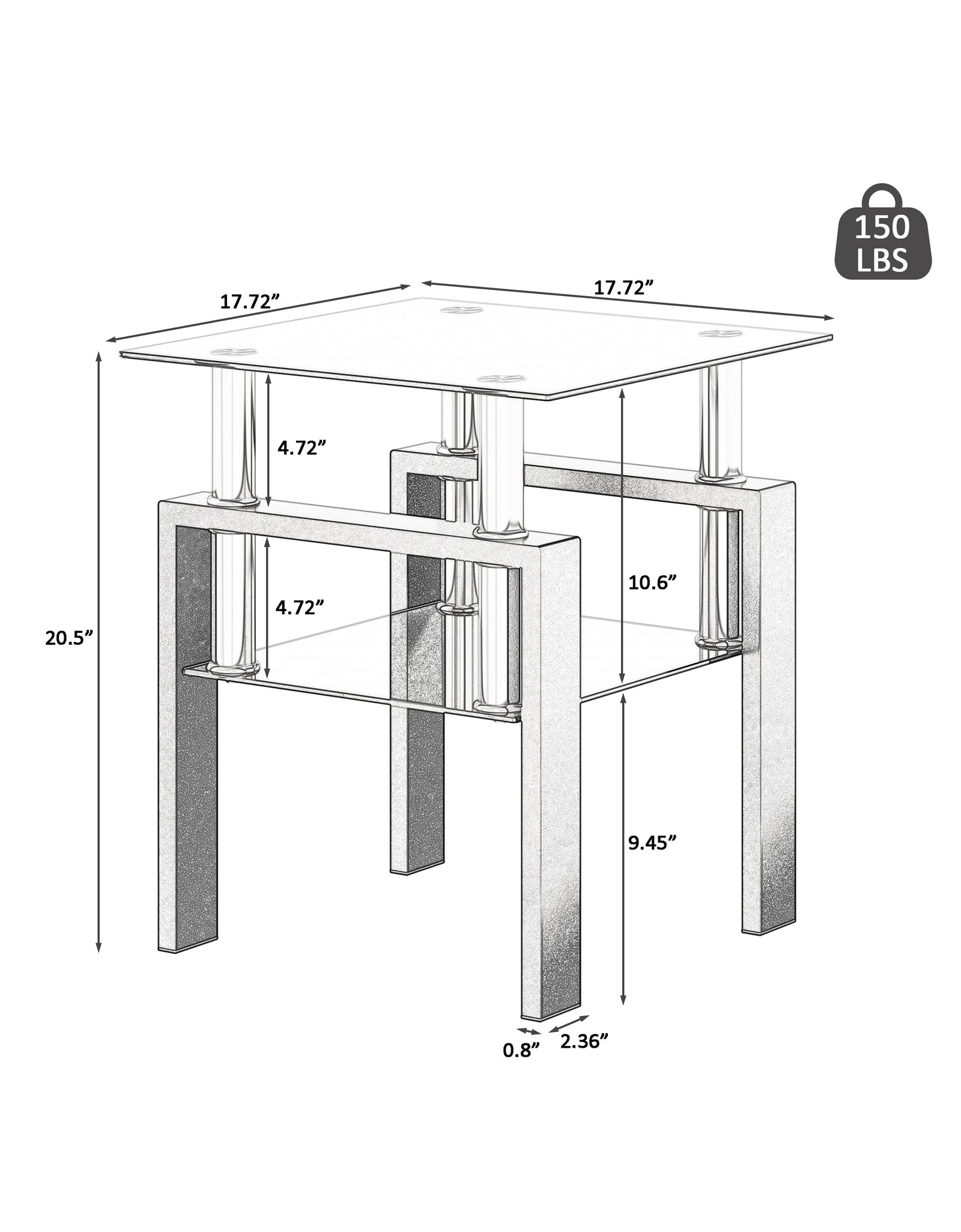 Set of 2, Modern Tempered Glass Tea Table Coffee Table End Table, Square Table for Living Room, Black