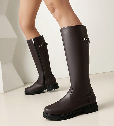 Women’s Retro British-Style Riding Boots – Leather Belt Buckle Knee Boots