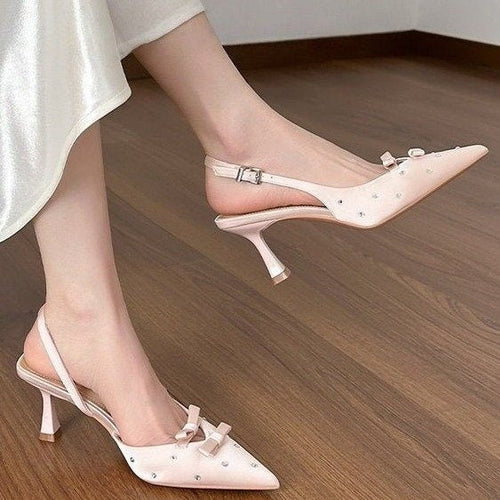 Load image into Gallery viewer, Women's Closed Toe Slingback Stiletto Heels – Bowknot &amp; Rhinestone Sandals
