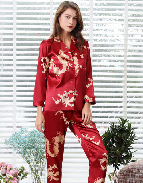 Load image into Gallery viewer, Simulated silk couple sleepwear new long sleeved set men's and women's V-neck silk printed dragon and phoenix home clothes
