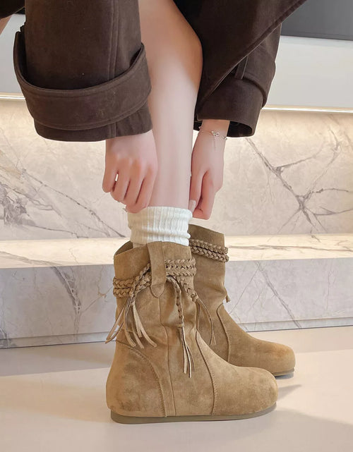 Load image into Gallery viewer, Suede Fringe Round Toe Boots with Block Heel
