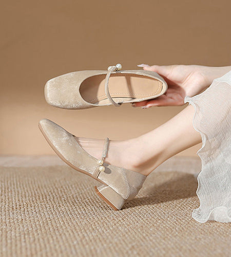 Women's Chinese-Style Square-Toe Mary Jane Flats – Microfiber Chunky-Heel Casual Shoes
