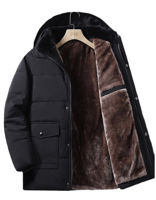 Load image into Gallery viewer, Coat men's winter new style with added velvet and thickened warm cotton clothing, business and leisure mid length hooded plus size men's cotton clothing
