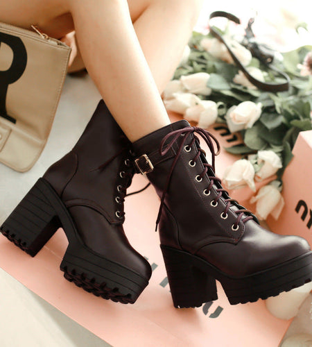 Women’s Chunky Heel PU Martin Boots – Stylish Ankle Combat Boots