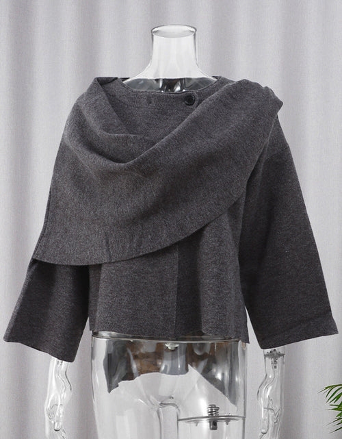 Load image into Gallery viewer, Asymmetric shawl scarf knitted sweater gray long sleeved cardigan
