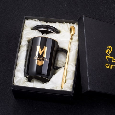 Load image into Gallery viewer, 400ml Creative Gold Finger Printing Black Ceramic Coffee Mug Tea Cup With Gold Handle As Gift With Lid And Spoon
