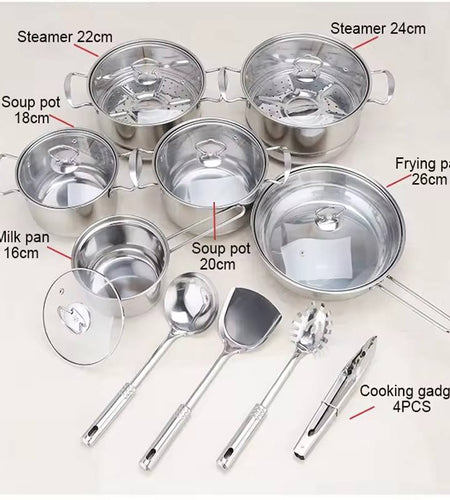 Stainless steel cookware set of 18 pieces household kitchen set soup pot set 16-26cm cutlery set pot set