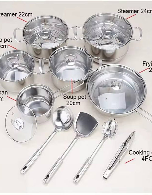 Load image into Gallery viewer, Stainless steel cookware set of 18 pieces household kitchen set soup pot set 16-26cm cutlery set pot set
