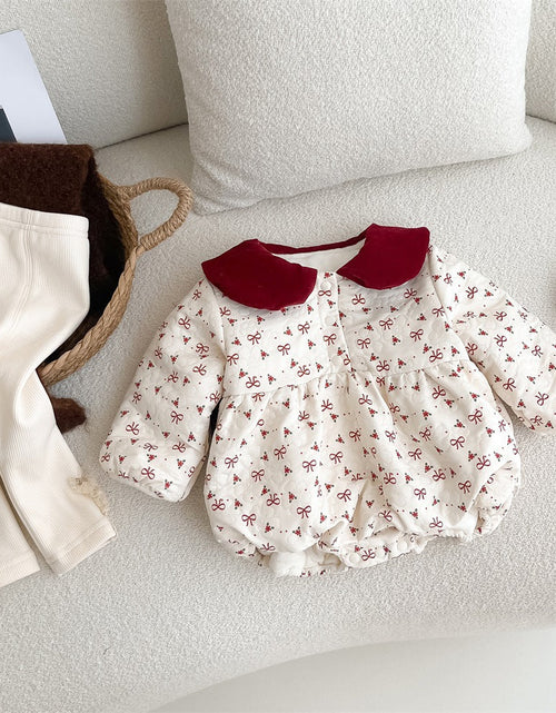Load image into Gallery viewer, Autumn style baby gown newborn bow and velvet wrapped fart gown hundred day one month one year old baby dress
