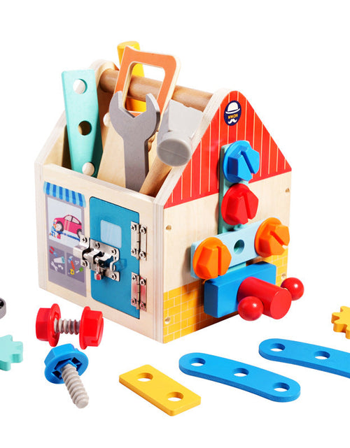 Load image into Gallery viewer, Children's wooden multifunctional toolbox, busy block, screw and nut removal, hand-held tool, blue puzzle toy
