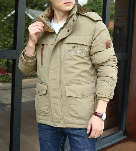 Winter men's thick cotton jacket with added fleece medium to long length warm plus large size multi pocket cotton jacket