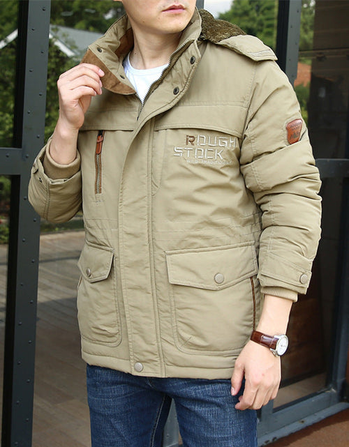 Load image into Gallery viewer, Winter men's thick cotton jacket with added fleece medium to long length warm plus large size multi pocket cotton jacket
