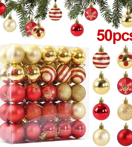 50 pcs/box: 2025 Gold Red Hanging Christmas Tree Ball Ornaments, 2026 Home Holiday Decorations & New Year Gifts