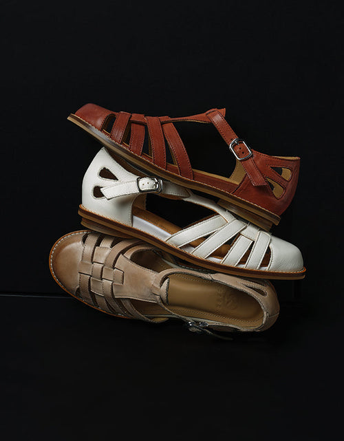 Load image into Gallery viewer, Women's Washed Full Grain Leather Fisherman Sandals – Closed-Toe Woven T-Strap
