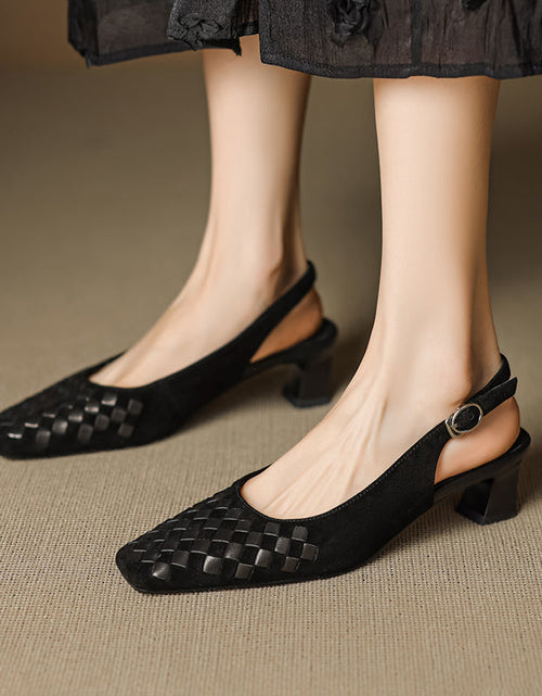 Load image into Gallery viewer, Women's Handmade Suede Woven Slingback Block Heel Sandals, Square-Toe Buckle Dress Shoes
