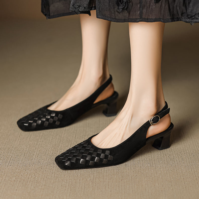 Women's Handmade Suede Woven Slingback Block Heel Sandals, Square-Toe Buckle Dress Shoes
