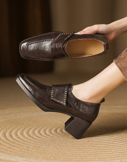 Load image into Gallery viewer, Women's British Style Square Toe Chunky Heel Pumps – Deep Vamp Studded
