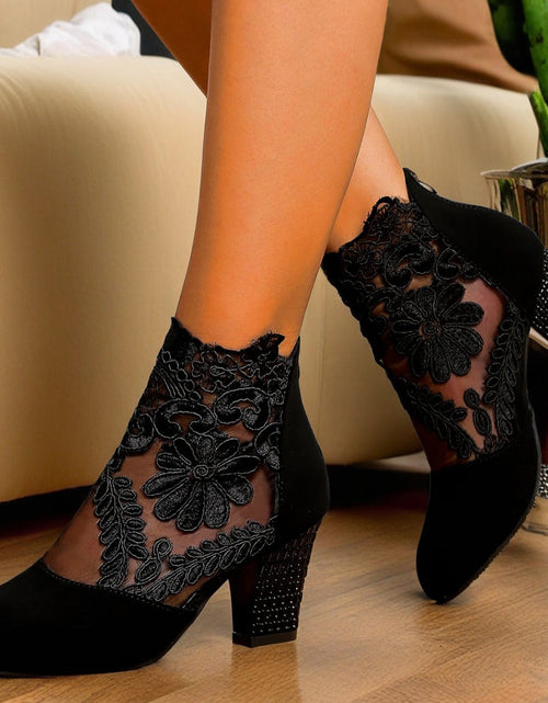 Load image into Gallery viewer, Women’s Lace-Embroidered Mesh Chunky-Heel Ankle Boots
