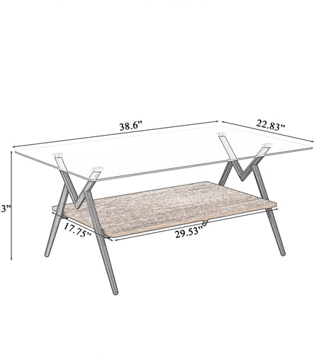 Rectangle Coffee Table with Tempered Glass top and Black Metal Legs, Modern Table for Living Room , Transparent Glass