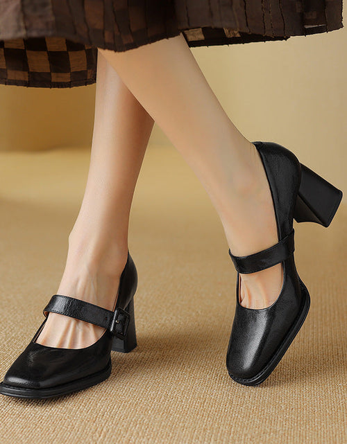 Load image into Gallery viewer, Women's Sheepskin Mary Jane Heels – Square Toe Chunky Heel Buckle Pumps
